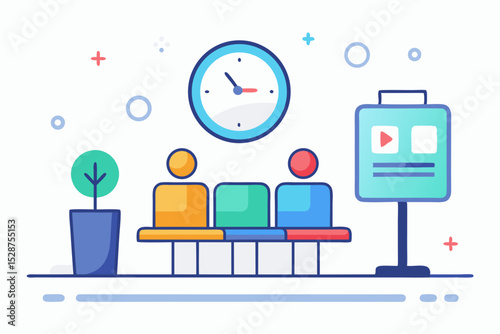waiting room icon with clock and virtual seats