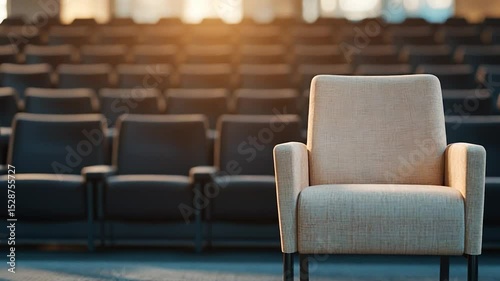 Beige armchair in auditorium with rows of seats interior space