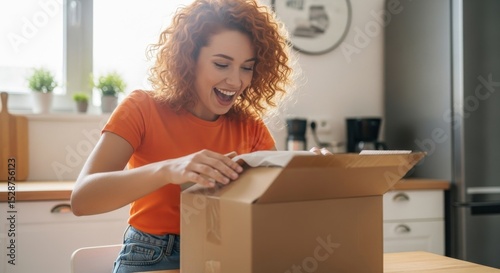Woman opening delivery package with joyful expression in kitchen environment