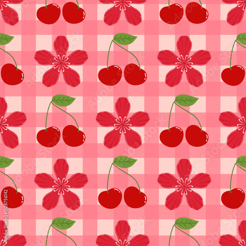 Seamless pattern featuring red Cherry blossom and sweet Cherry fruits on a soft pink background