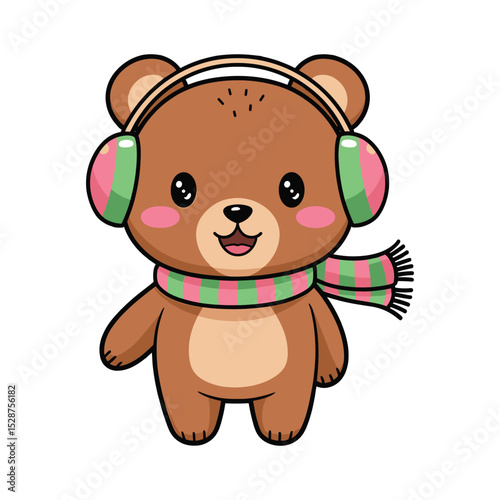 Cute cartoon bear wearing earmuffs and scarf vector illustration isolated on white background