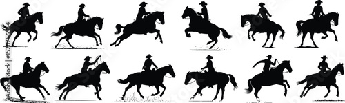 Silhouettes of cowboy horse riders, galloping, riding, and performing tricks in motion, ideal for Western art, vintage design, or decor