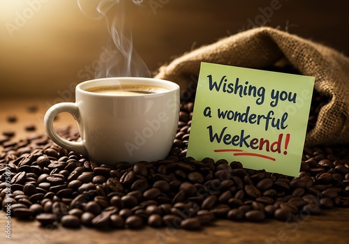 Aromatic Coffee Beans and a steaming cup wish you a Wonderful Weekend