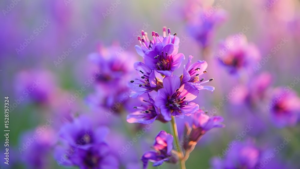 Close up image of vibrant purple flowers blooming in natural sunlight with soft focus Close up image of vibrant purple flowers blooming in natural sunlight with soft focus