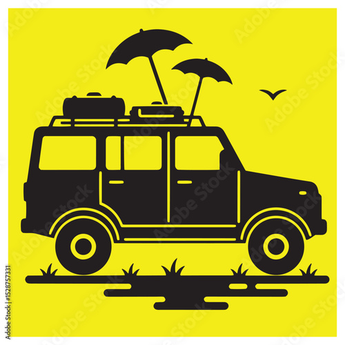 A black suv with luggage and umbrellas ready for a sunny road trip adventure