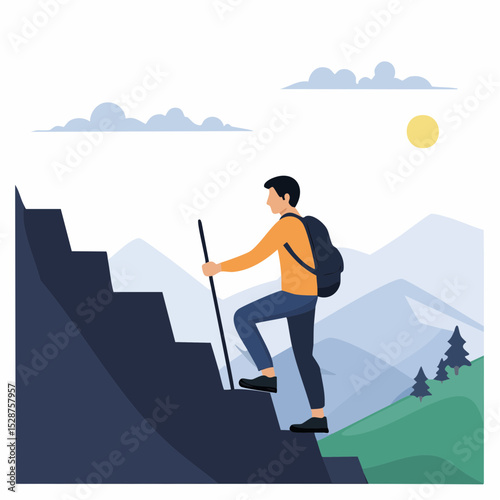 Minimalist silhouette of a hiker climbing a steep trail, layered mountains in the background, flat vector style