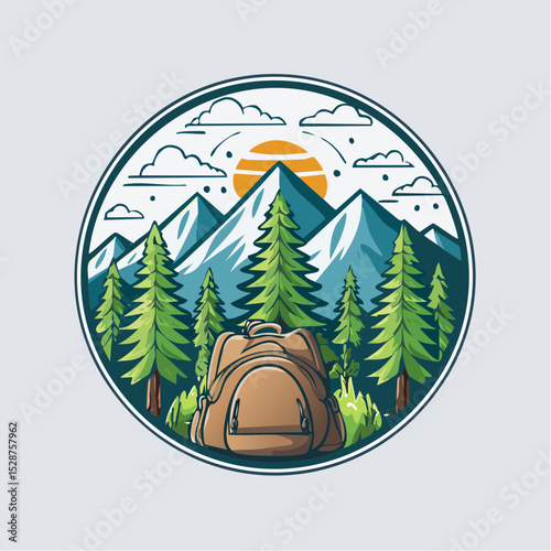 Badge-style vector t-shirt design with pine forest, mountains, and a backpack icon, round layout