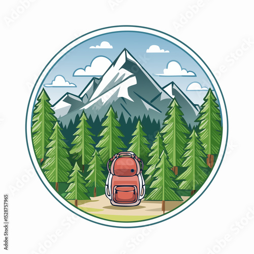 Badge-style vector t-shirt design with pine forest, mountains, and a backpack icon, round layout