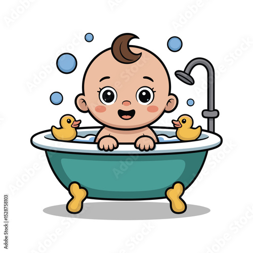 Happy baby in bathtub with rubber ducks vector illustration isolated on white background