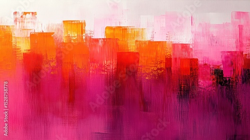 Abstract cityscape painting featuring vibrant brush strokes in shades of pink orange and red creating a modern artistic style