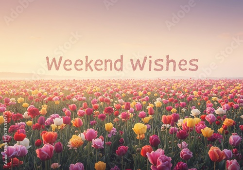 Serene Weekend Wishes Greeting Card with Vibrant Tulip Field at Sunrise
