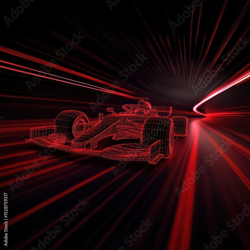 Futuristic red wireframe race car in a digital tunnel illuminated by speed lines and gradient glow