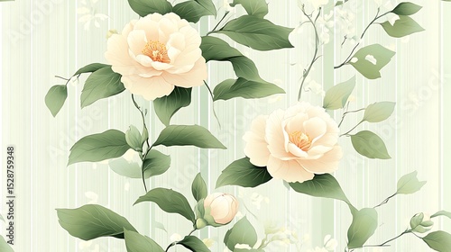 Digital illustration of camellias over sage green and white vertical stripes, clean minimalist design, soft pastel tones. Created Using: vector art, flat design, clean outlines, pastel color scheme,