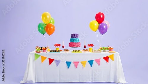 Festive birthday party table decorated with cake balloons colorful sweets and snacks