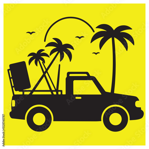 Black pickup truck transporting beach items under palm trees on yellow background