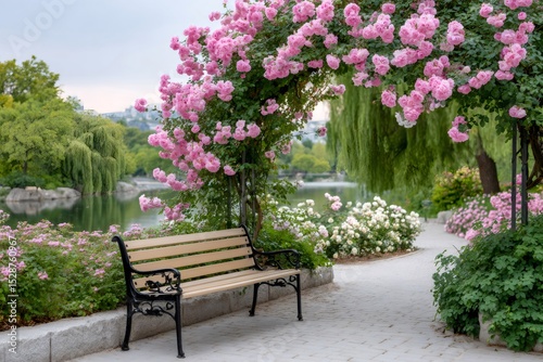 Wallpaper Mural Bench under blooming rose arch in peaceful park by the lake Torontodigital.ca