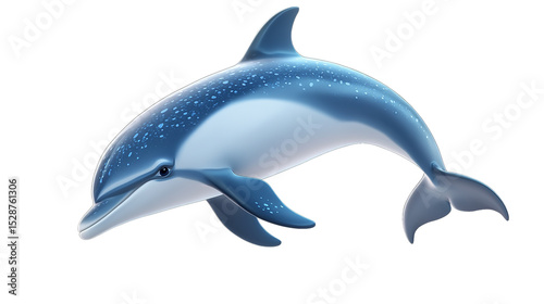 A playful cartoon dolphin gracefully leaping through a tranquil imagined ocean with detailed on transparent background