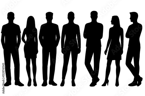Silhouettes of a diverse group of business people stand together, symbolizing teamwork, collaboration, and unity in the workplace. Professional and stylish.