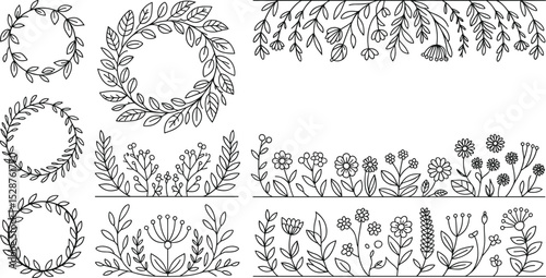 Hand-drawn floral vector illustration, botanical line art, flower wreaths and borders, vintage nature elements, spring garden decorative design set