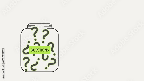 Animated jar filled with glowing question marks. Ideal for concepts like brainstorming, curiosity, mystery, idea generation, problem solving, and interactive questions.