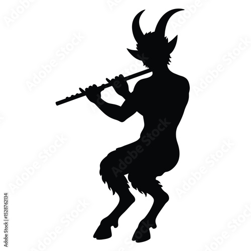 Silhouetted faun playing a flute musical instrument