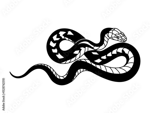 Snake drawing in tribal vector style, curved serpent with bold white pattern for modern tattoo design