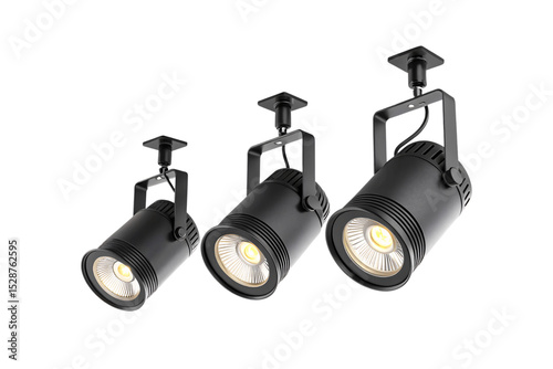 Three black LED track lighting fixtures with warm spotlights mounted on individual ceiling plates, isolated on a transparent background