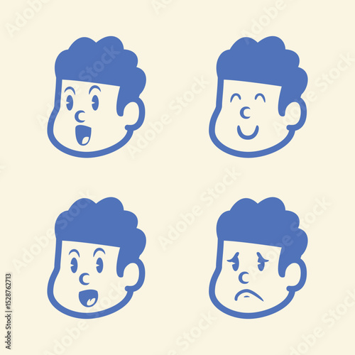 Cartoon boy face set with four different emotions: excited, calm, cheerful, and sad. Simple blue vector icons on light background. Perfect for stickers, emoji, or character UI packs