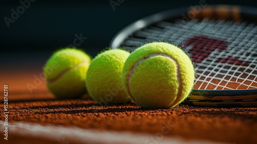 Tennis balls and racket on court