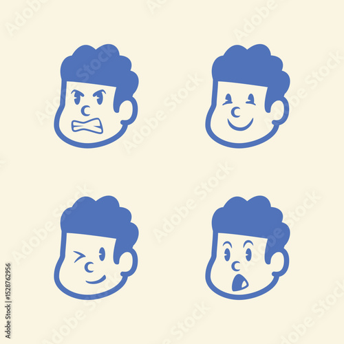 Cartoon boy face set with four different emotions: excited, calm, cheerful, and sad. Simple blue vector icons on light background. Perfect for stickers, emoji, or character UI packs