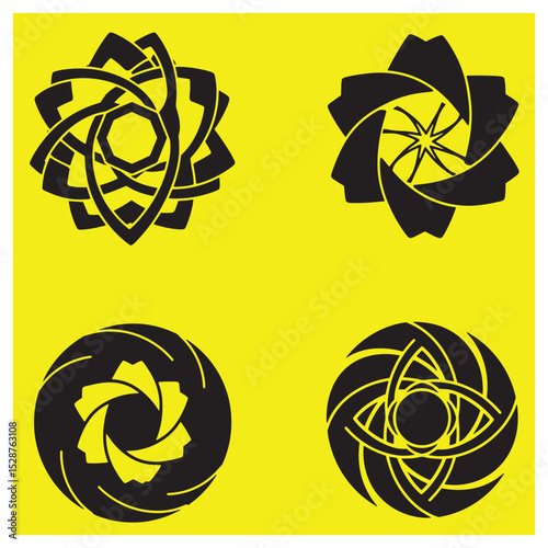 Four abstract black floral designs on a bright yellow background for decorative elements