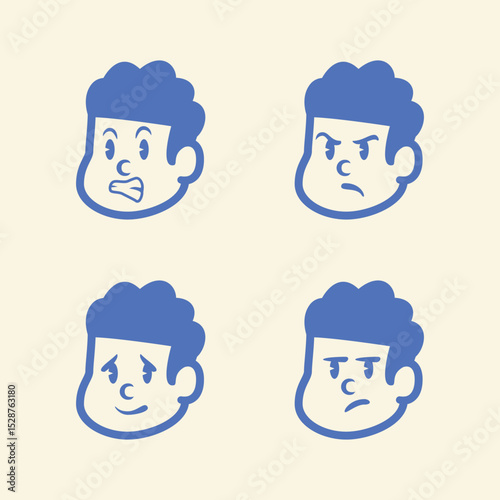 Cartoon boy face set with four different emotions: excited, calm, cheerful, and sad. Simple blue vector icons on light background. Perfect for stickers, emoji, or character UI packs