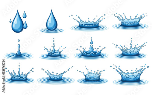 A collection of water splash illustrations in various forms and sizes