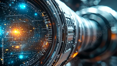 Close-up view of a futuristic camera lens showcasing vibrant cosmic imagery and intricate details