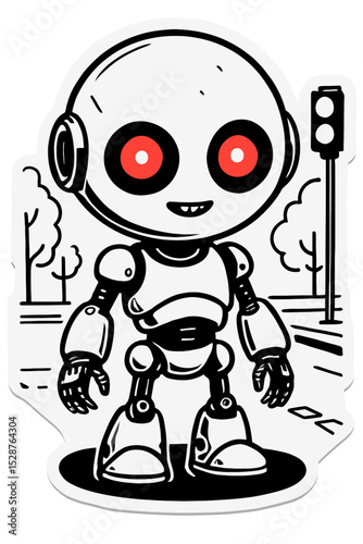 Futuristic robot cyborg character design Black and white with red glowing eyes and cute smile