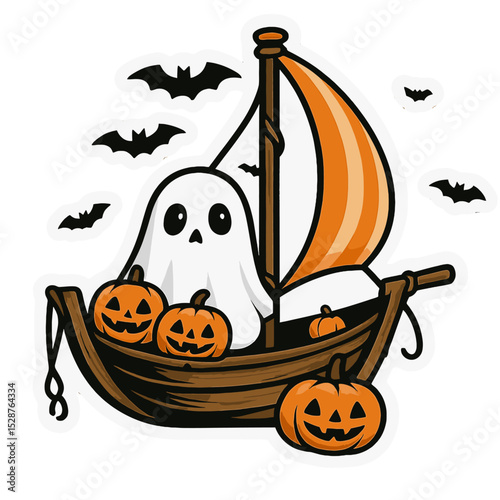 Ghost sailing sailboat with Jack-o-lantern pumpkins in a spooky boat surrounded by bats during Halloween