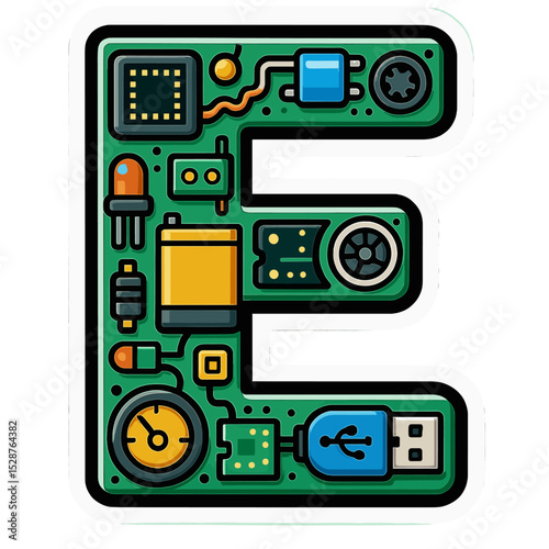 Circuit board artwork showcasing the letter E with intricate electronic components usb art in vibrant colors Sticker 