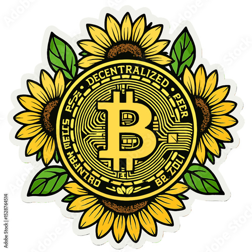 Symbolic Bitcoin Coin cryptocurrency featuring sunflowers and a stylized coin design emphasizing decentralization