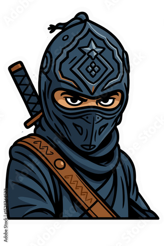 Calm causal character karate ninja warrior with sword cool collected looking guy graphic line art cartoony design