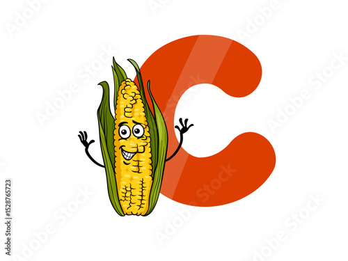 Cartoon illustration of an anthropomorphic ear of corn standing next to a large letter C