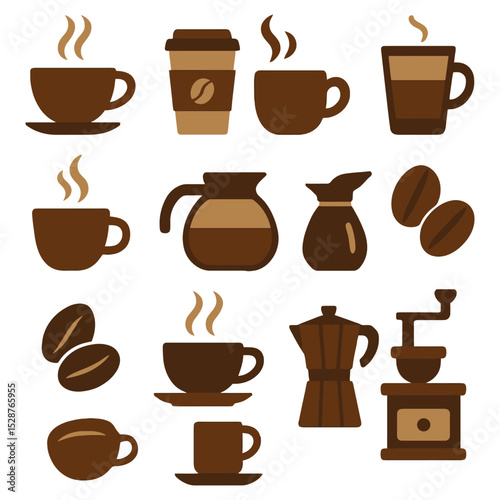 Coffee Icon Set – Cups, Beans, Makers & Brewing Tools Vector