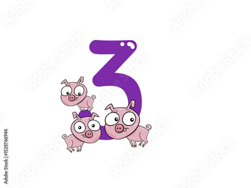 Three Adorable Piglets Gathered Around a Large Number Three