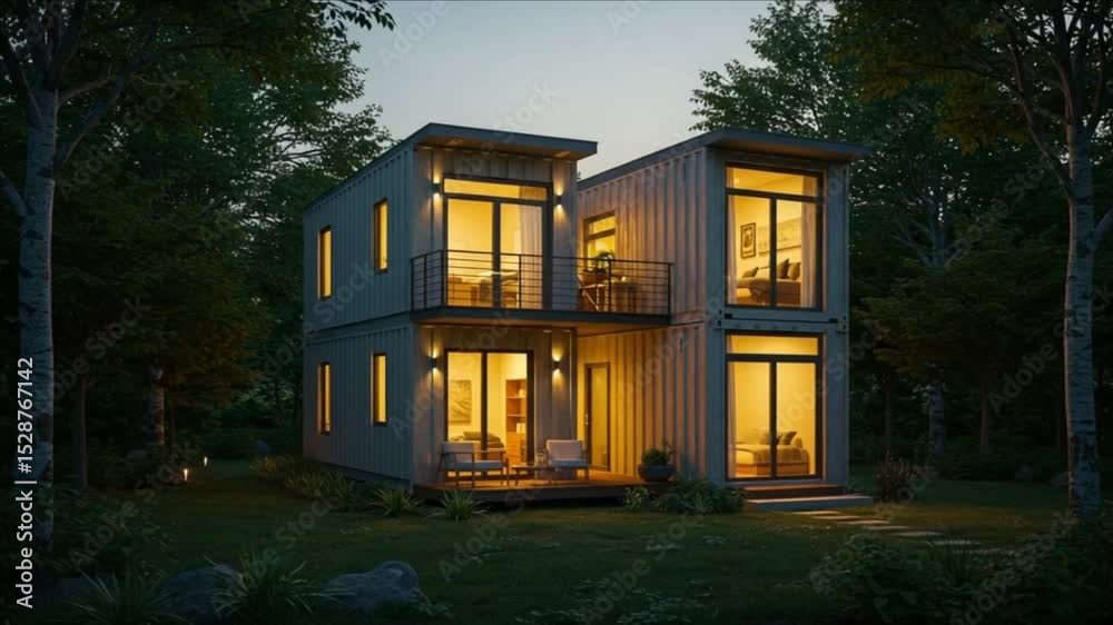 Modern Container House Design in a Tranquil Forest Setting at Dusk, Illuminated Interior, Two-Story Structure, Sustainable Living