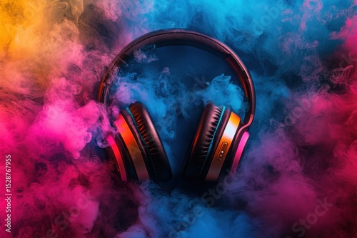Vibrant headphones enveloped in colorful smoke create an artistic atmosphere, Vibrant Headphones Surrounded by Colorful Smoke