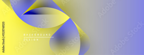 Abstract background features flowing shapes, yellow, blue gradients. Modern design elements create dynamic visual effect.