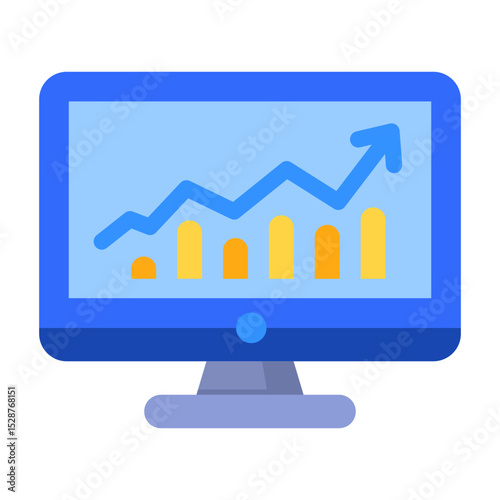 Graphic Illustration Of A Blue computer screen with a graph trending upwards suitable for website analytics or business growth concepts. Technology, data analysis, progress. vector icon symbol flat st