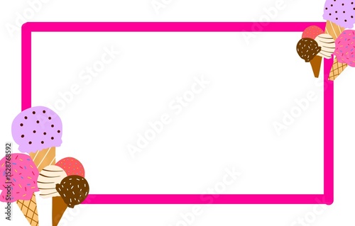 PPT background with cartoon illustrations of ice cream and chocolate cones with various flavors and with pink lines.