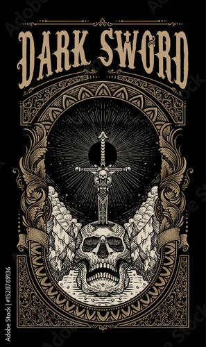 Illustration Dark Sword Skull with Vintage Engraving Frame - Vector Design.