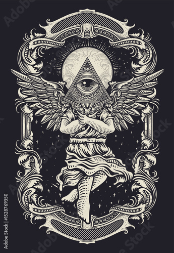 vintage style illustration of an angel holding pistols, surrounded by gothic details with engraving ornament style