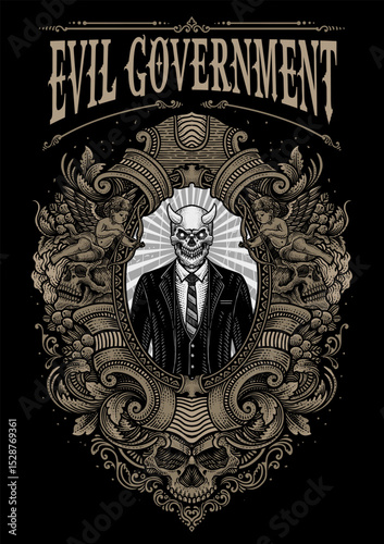 Illustration vintage engraving of a horned skull in a suit, symbolizing evil government with engraving frame.